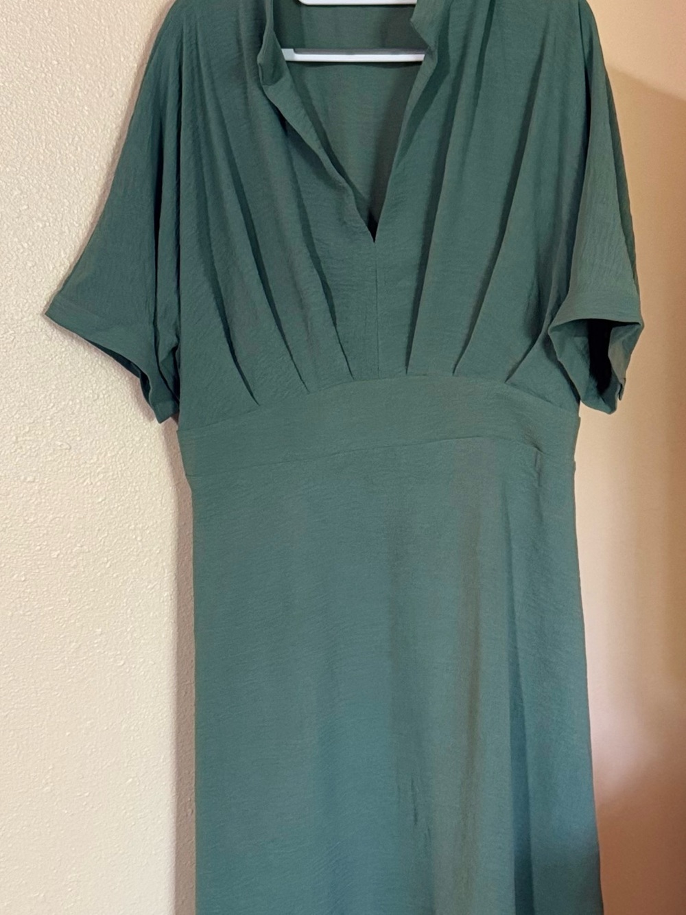 Women's Olive V-Neck Midi Dress with Defined Waist